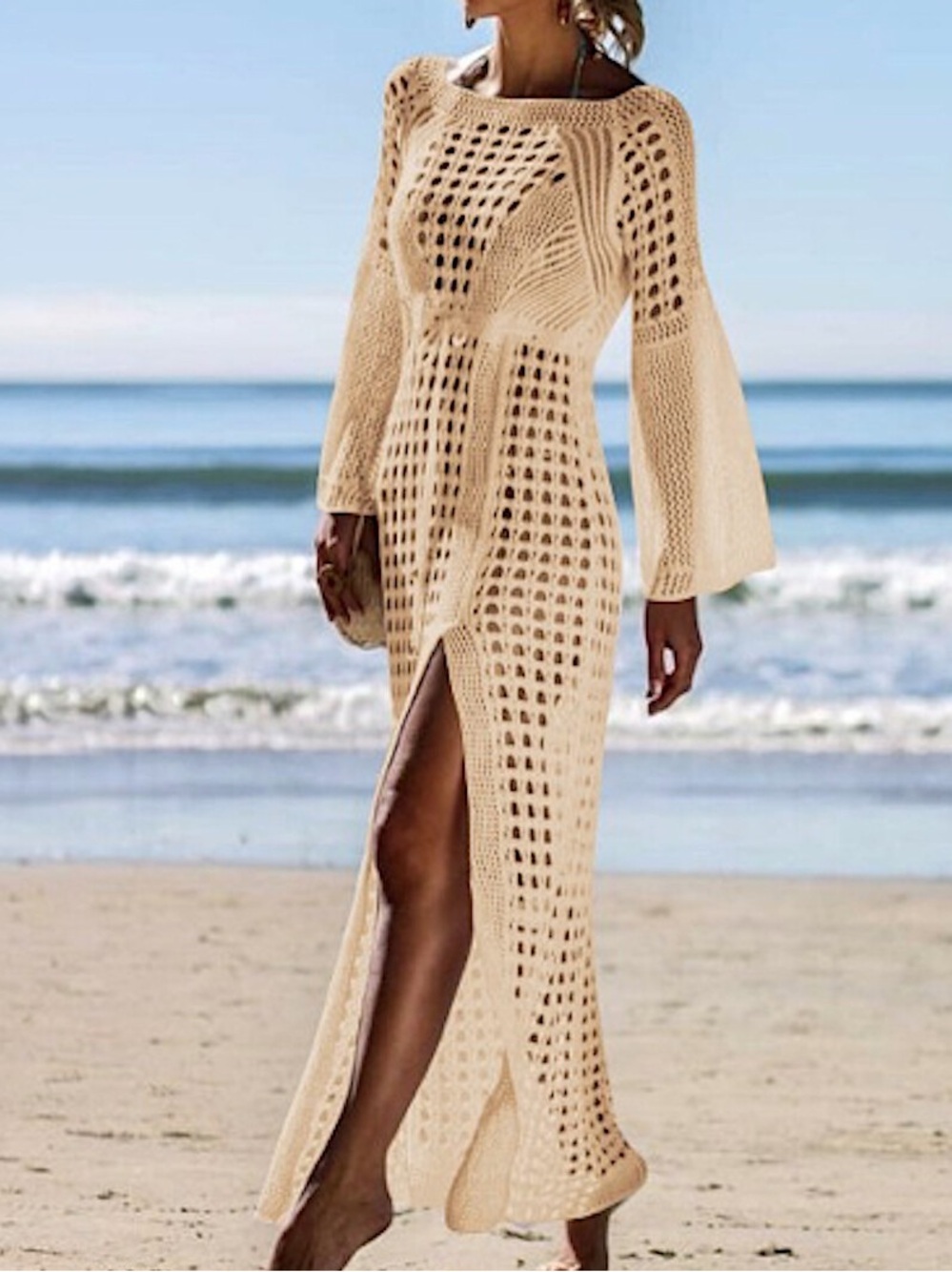 Beach Crochet Maxi Cover-Up Dress Medium Beige Boho High Slit Resortwear Cream